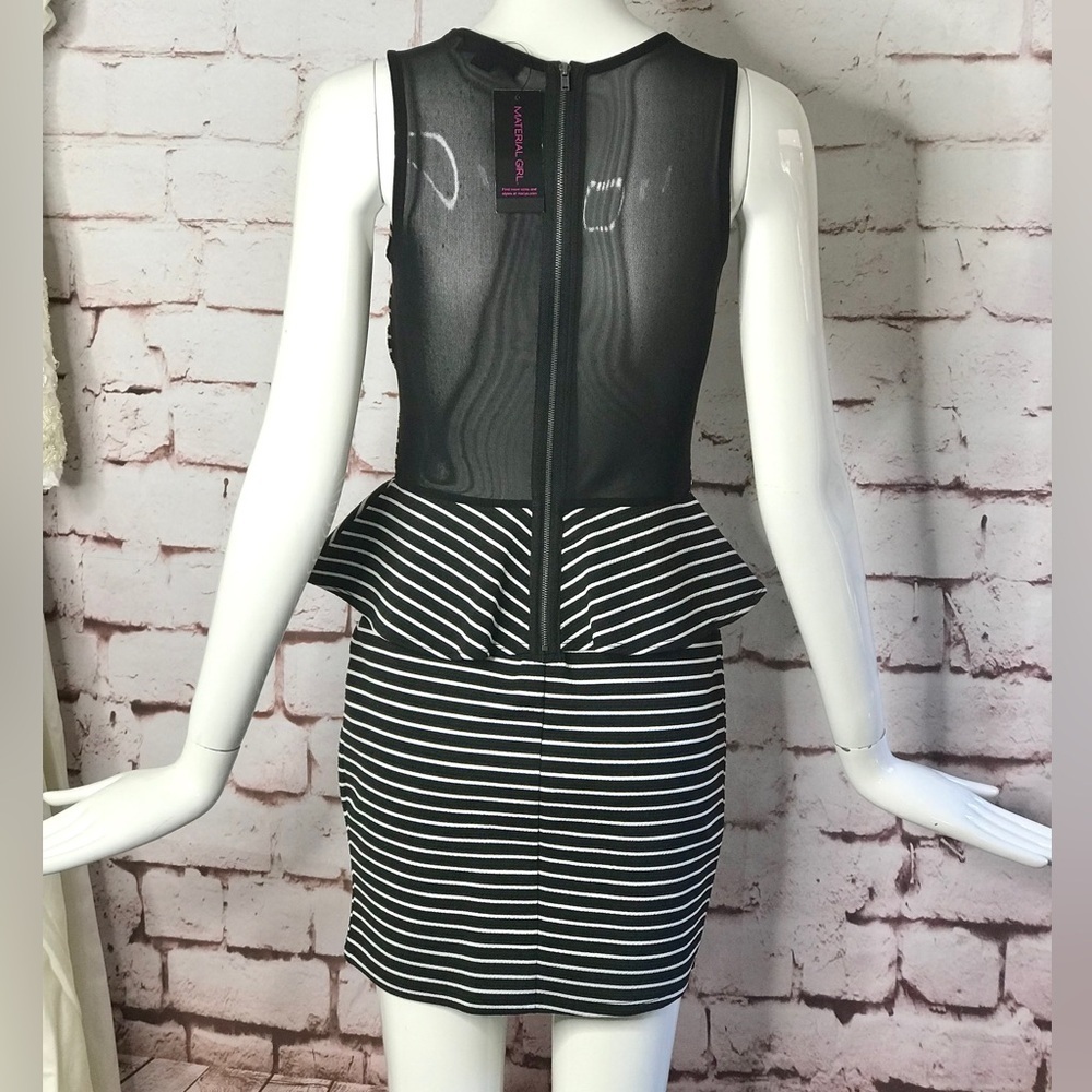 MATERIAL GIRL S Peplum Mesh Back Sleeveless Black & White Stripe Dress Small NWT - Picture 2 of 16